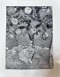Little Lunay under the Christmas Tree, Etching ( Intaglio Print ), 10 x 10, 2024.